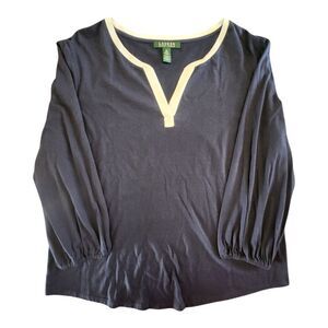 EUC Lauren Ralph Lauren Cotton‎ Shirt Women's Size XL Long Sleeve Navy V Neck